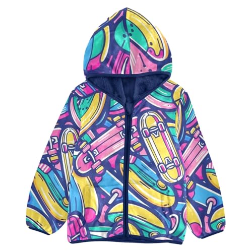 Boys Girls Fleece Jacket Colorful Skate Graffiti Print Kids Warm Hooded Outwear Coat