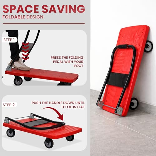 Image of Robustt 350 Kg Heavy-Duty Foldable Platform Trolley (Red) | Plastic Hand Truck with 360 Rotating Wheels & Cushioned Grip | Material Handling Cart for Home, Office, Warehouse & Industrial Use