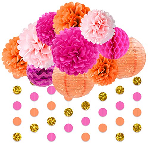 NICROLANDEE Fall Decorations Pack -Orange Pink Paper Lanterns Tissue Flower Pom Poms Gold Glitter Garland for Thanksgiving Fall Wedding Bridal Baby Shower Home Decor