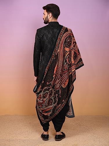 Image of KISAH Indowestern Men's Casual Style Ethnic Wear Silk Blend Woven Design Regular Fit Black Indo-Western Sherwani Set Indo-Western