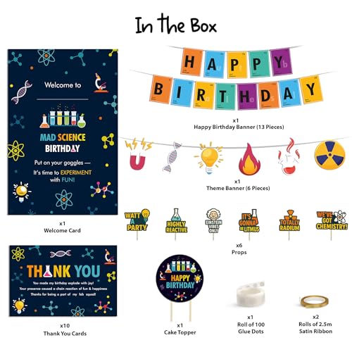 Image of Just Party Science Theme Party Decoration - 37 pcs Happy Birthday Decoration Kit for Kids | Science Theme Birthday Decoration Items for Boys & Girls |Includes Props,Theme Banners,Cake Topper,Glue Dots