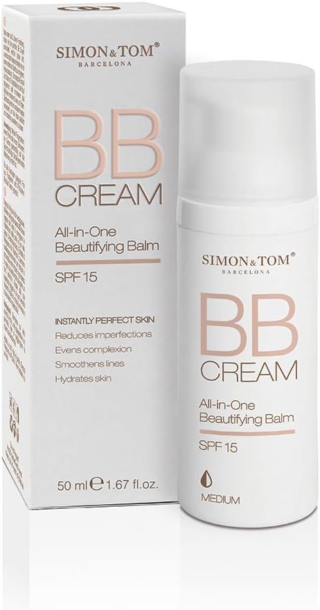 Simon&Tom BB Cream - All-in-One Beautifying Balm with SPF15 - Shade Medium - 50ml - Anti-Aging with Hyaluronic Acid & Vitamin E - Brightens and Evens Skin - Hydrates & smoothes Lines - Made in Spain