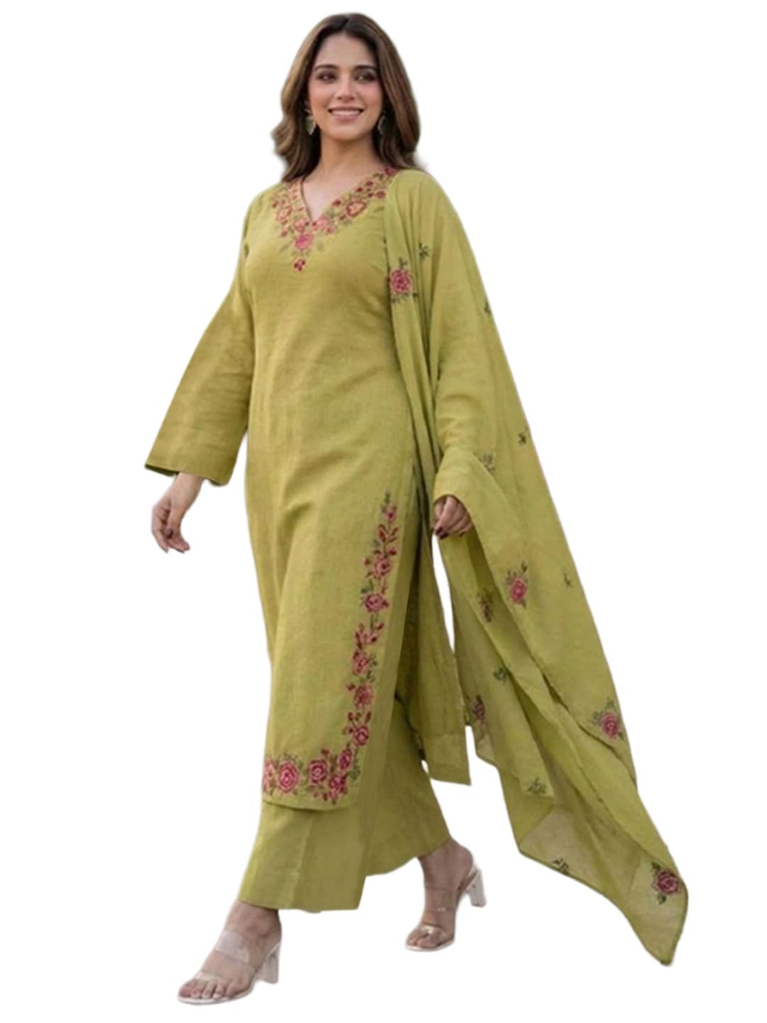ANNI Designer Kurta Sets for Women Viscose Blend Embroidered | Kurta Palazzo Dupatta Set | Designer Kurti Set for Women | V Neck Full Sleeve Ethnic Suit | Indian Kurta Outfit with Palazzo Pants discount deal