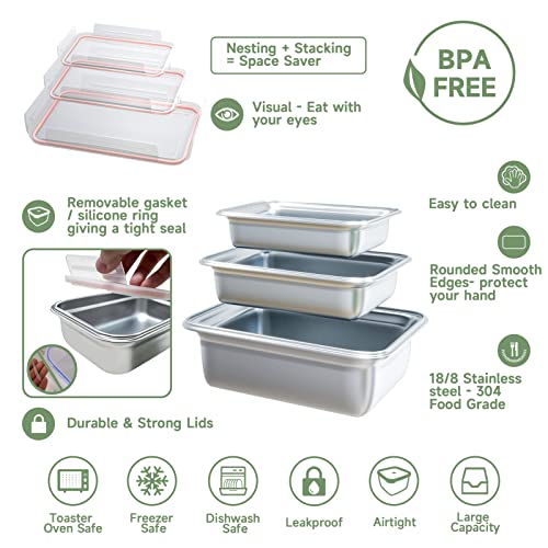 Mozaousa Stainless Steel Food Storage Containers With Lids,Leakproof Bento Lunch Box Containers,Airtight Bento Boxes Set Of 3 For Adults,Stackable Snack Food Prep Containers For Kitchen & Travel #TOP4