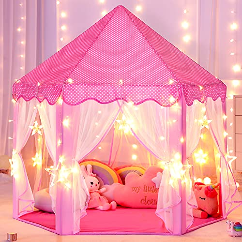 Image of Princess Castle Tent for Girls Fairy Play Tents for Kids Hexagon Playhouse with Big Fairy Star Lights Toys for Children or Toddlers Indoor or Outdoor Games (Pink Princess Tent with Big Star Lights)