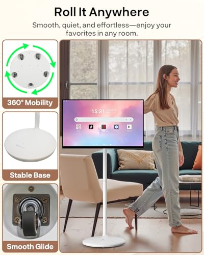 Image of SYLVOX 32 inch Smart Portable Monitor with Wheels, 1080P FHD Touch Screen, Android 14, 10000mAh Battery (4-5H), 8GB+128GB, Swivel Rolling Stand, Voice Remote, StandbyMe-Style Smart Screen for Streaming