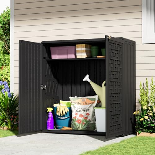 Image of KINYING Outdoor Storage Cabinet Waterproof, Resin 62 Gallon Deck Box for Patio Furniture Cushions, Garden Tools, Pool Tools and Kids' Toys (Black with 1 Shelving)