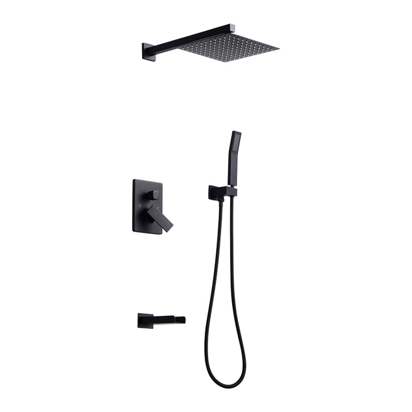 OZBMA Full Copper in-Wall Concealed Shower Set, Embedded Box, Flushed Wall Shower, Black 3 (Black 2)