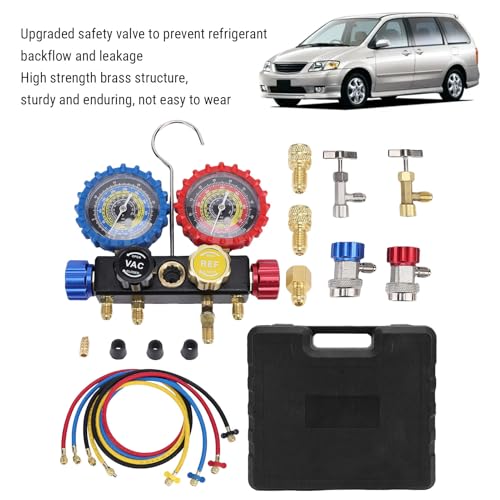 Juego de Manómetros para Aire Acondicionado Automotriz con Válvulas de Seguridad, Mangueras y Adaptadores para Refrigerantes R410A, R32, R134A y R22, Manómetros HVAC en Latón miniatura 4