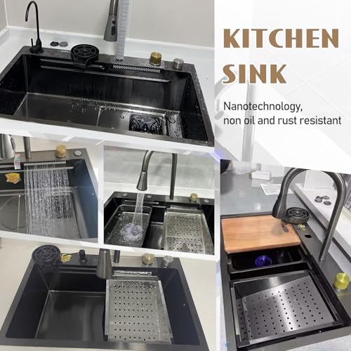 Fregadero de 80 cm para evitar salpicaduras con cascada y cubeta individual grande 7