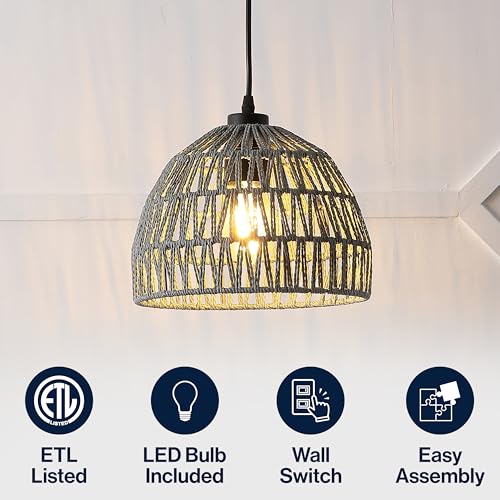 Image of JONATHAN Y 10.25 inch Gray Modern Bohemian Woven Rope LED Pendant Light Fixture, Adjustable Dome Ceiling Lamp for Kitchen Island, Rope Shade, Coastal Farmhouse Decor (JYL6513D)