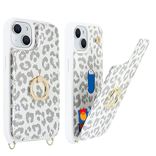 Image of for iPhone 14 Plus Case with Card Holder and Strap for Women,Crossbody Lanyard,RFID Blocking,Stand Ring Kickstand,Snap Clasp,Cute Phone Wallet Cases 6.7 inch(White Leopard)