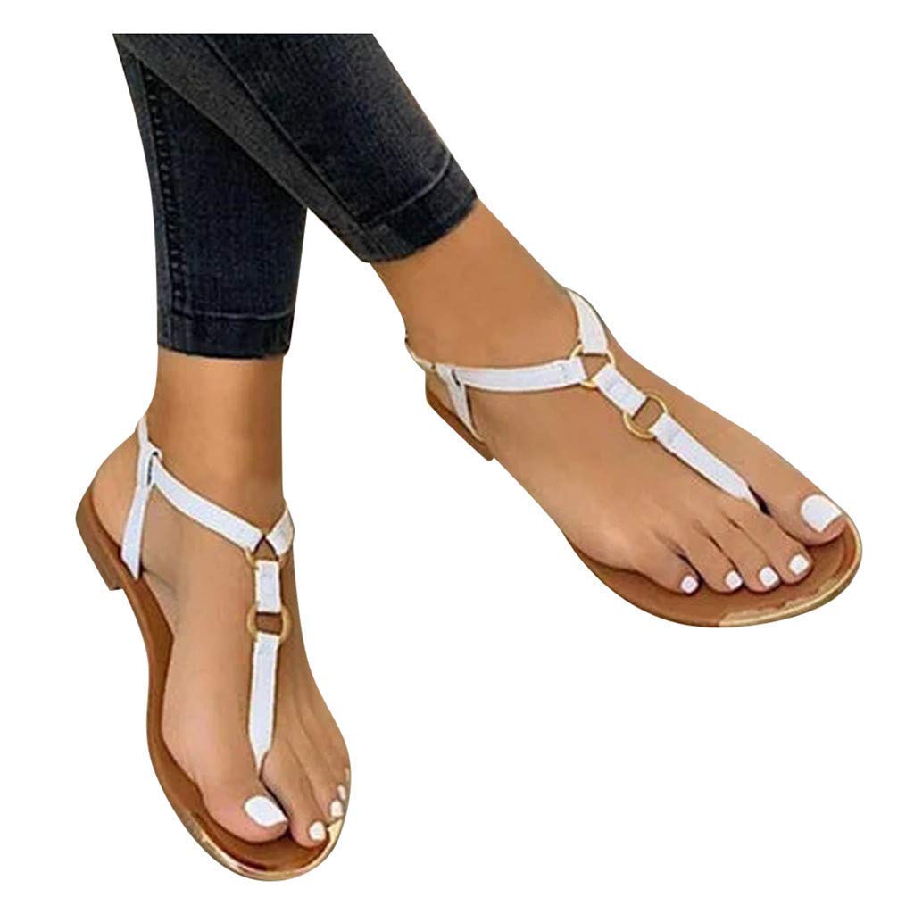 ZBYY Women's T Strap Flat Sandal Flat Thong Sandals with T-Strap and Adjustable Ankle Buckle Beach Sandals for Women