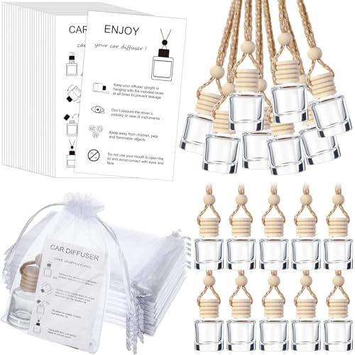 Image of Boao 75 Sets Hanging Car Air Freshener Diffuser Bottles Empty Bulk with Car Diffuser Instruction Cards Organza Bags Glass Refillable Essential Oil Fragrance Aromatherapy Pendant (Cylindrical,Clear)