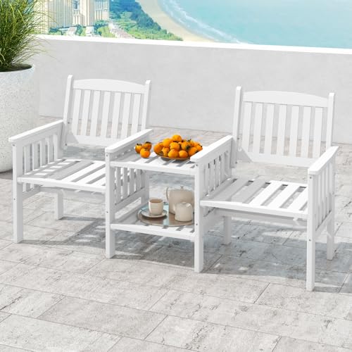 GIANTEX Salon de Jardin 3PCs 2 Personnes, Ensemble de Jardin avec Chaises à Lattes, Table d'Appoint à 2 Niveaux, Trou pour Parasol de 5 cm, pour Balcon, Terrasse,...