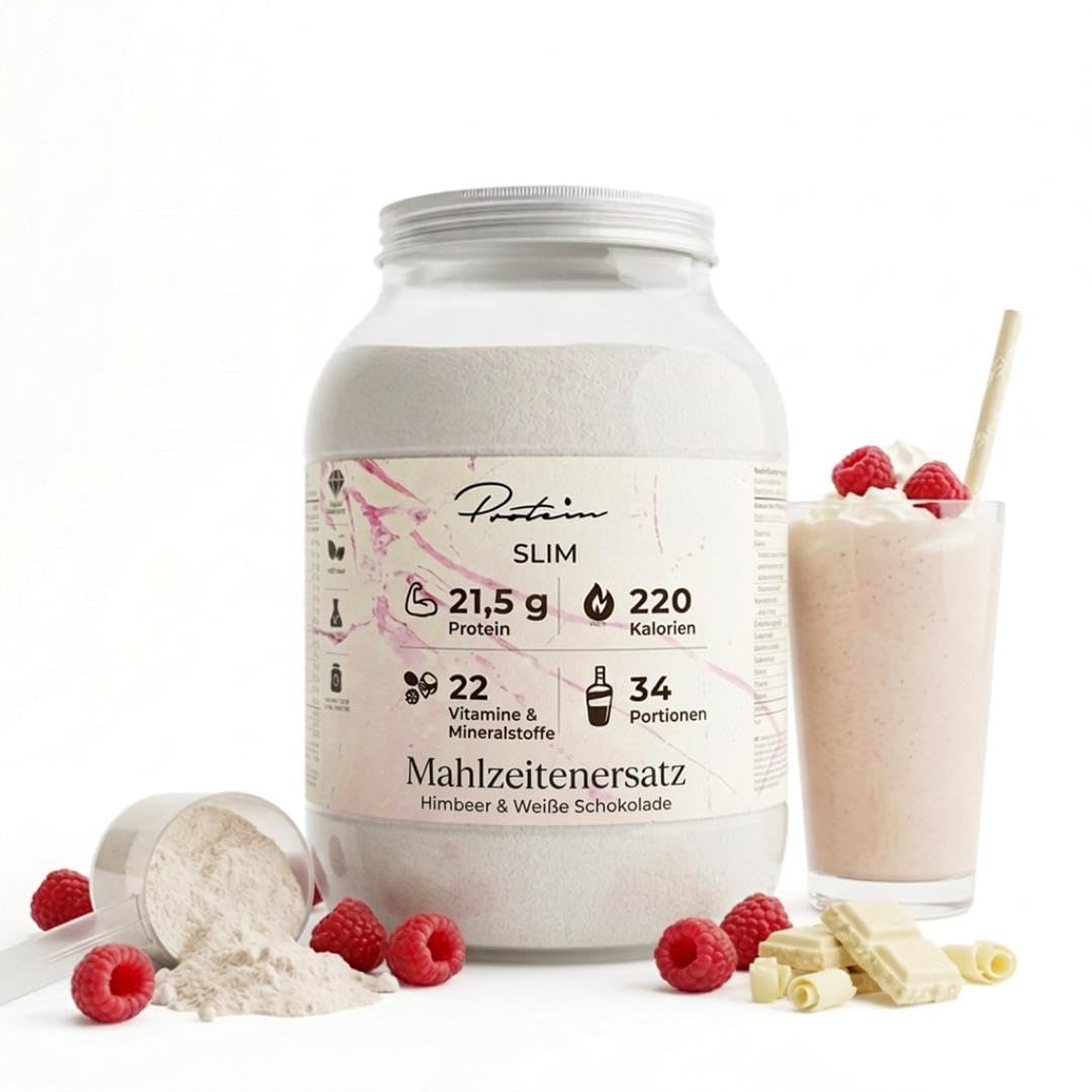 Protein Slim Mahlzeitenersatz | 20g, 26 Vitamine & Mineralstoffe | Zum Abnehmen | Kalorienarmer Shake | 34 Portionen | Himbeere & Weiße Schokolade
