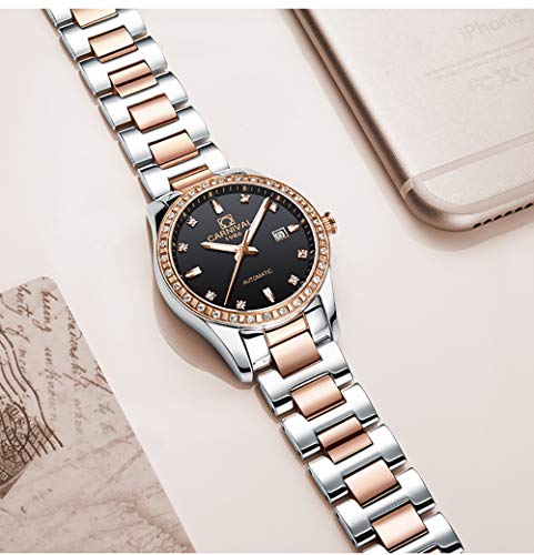 Image of Women's Diamond Automatic Mechanical Rose Gold Stainless Steel Sapphire Waterproof Lady's Elegant Blue Watch