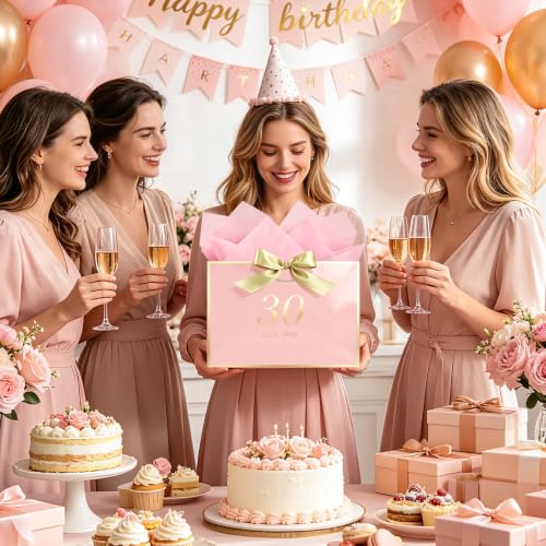 Image of JMANNI Birthday Gift Bag with Card and Tissue Paper for Men Women Him, Elegant Pink Gold Anniversary Keepsake Party Present Shopping Paper Bags for Gifts Wrapping Pink / 13 inch Large /EST.1996 30th