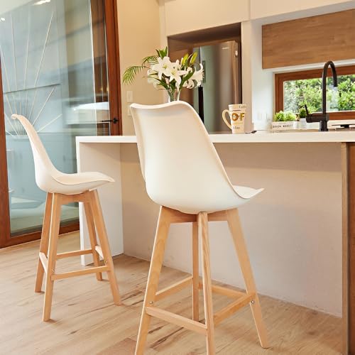 تايمي مقاعد بار مع وسادة على الطراز الاسكندنافي مع مسند ظهر ومسند للقدمين، كراسي بار للمنزل والمكتب والاستوديو والمتجر والمنتجعات الصحية، مقعد مطبخ بارجل من خشب الزان الصلب - ابيض - عبوة من قطعتين