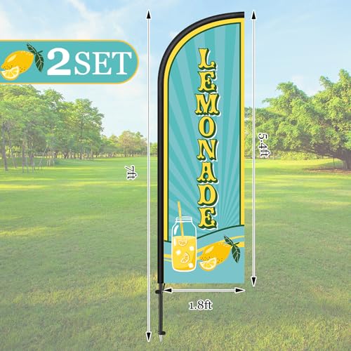 Image of Remagr 2 Pack Lemonade Feather Flag 7 ft Advertising Swooper Flag Sign Windless Lemonade Banner with Pole Kit and Ground Stake for Businesses Restaurants Outside Ground(Light Blue)