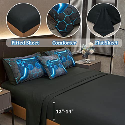 Image of Game Console Blue Comforter Set with Sheets, 6 Pcs Bed in A Bag Geometric Lightweight Boys Full Size Bedding Set for Kids Teens