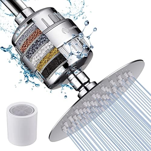 NearMoon Shower Head and 15 Stage Shower Filter Combo, High Pressure Filtered Showerhead for Hard Water, Improves the Condition of Your Skin, Hair - 1 Replaceable Filter Cartridge (6 Inch, Chrome)