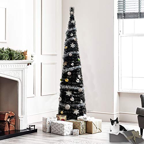 5' Slim Black Tinsel Pop-Up Artificial Halloween Christmas Tree,Collapsible Pencil Halloween Christmas Trees Features Sequins Accents For Apartments,Fireplace,Or Party #TOP1