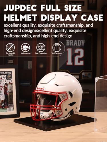 Image of JupDec Football Helmet Display Case, Full Size Acrylic Baseball Motorcycle Helmet Showcase, UV Protection Souvenirs and Collectibles Box with Solid Wood Base & Riser, Ideal Gift for Sports Fans, Black