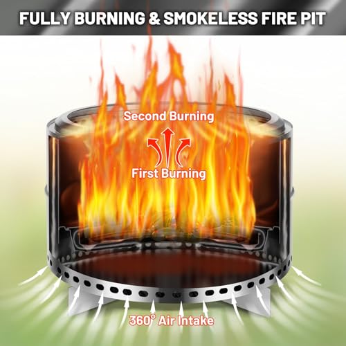 Smokeless Firepit, 27 Inch Stainless Steel Outdoor Portable Fire Pit with Removable Ash Pan and Carry Bag, Wood Burning Firepits for Outside with Stand, Ideal for 6 or More People, Silver