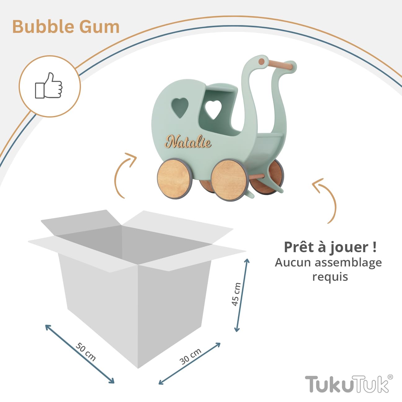 Landau de Poupée en Bois Individuellement avec des Noms - Chariot Pousseur bébé Bois - Poussette Poupee Décoration - Poussette Canne Poupee - Chariot Enfant (Menthe)