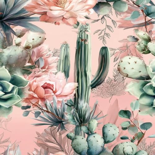 壁紙 45cm x 300cm 剥がせる サボテン、多肉植物、ピンクの花のアクセントを持つ植物園 多機能 防水/汚れ防止/防油 食器棚 クロ 玄関 ふすま紙 家具 部屋 DIY 賃貸OK