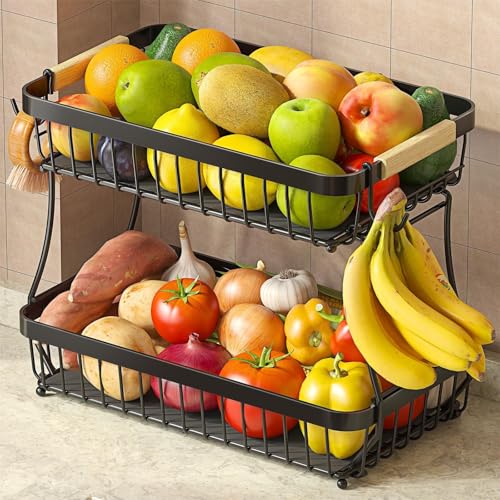 Fournine 2 Tier Fruit Bowl Basket with 2 Banana Hanger 2026 Pro Detachable Kitchen Countertop Organizer for Fruits Vegetables Snacks Metal Vegetable Storage Rack with Banana Holder Black