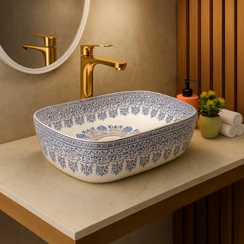 Image of Archstone Wash Basin for Bathroom-1 Year Warranty- Tabletop Washbasin - Ceramic Glossy Rectangle Designer Moroccan Countertop Vessel Sink, Dining Hall & Vanity 33x45x14.5 cm (Blue Moroccan)