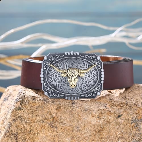 Image of Turquoise Belt Buckle for Men Western Texas Longhorn Bull Rodeo Belt Buckle American Cowboy Chic Gift