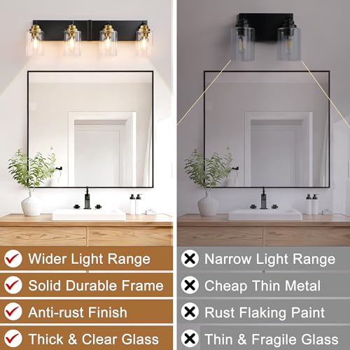Image of Black and Gold Bathroom Light Fixture, 4 Light Brushed Gold Vanity Light, 27.5 inch Modern Farmhouse Bathroom Lighting Fixtures Over Mirror, with Clear Glass Shade, Vanity Lights for Bedroom Hallway