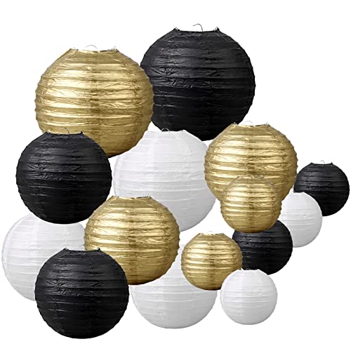 Image of VIJIV 15pcs /Lot Paper Lanterns for Wedding Party, 6 inch 8 inch 10 inch Mixed Size Decorative Round Chinese Lanterns Engagement Anniversary 21st Birthday Baby Shower Hanging Sky Decorations (Black,Gold,White)