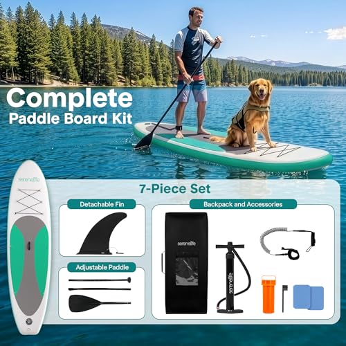 Image of SereneLife 10' Inflatable Stand Up Paddle Board with Premium SUP Accessories - Wide Stable Design with Non-Slip EVA Deck Pad, for Youth and Adults, 350 lbs. Capacity
