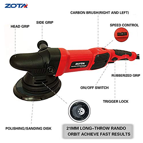ZOTA Polisher, 21mm Long-Throw Upgraded Orbital Polisher, 6.5"/ 900W Dual Action Car Buffer kit with 3 Professional Pad - Thumbnail 2
