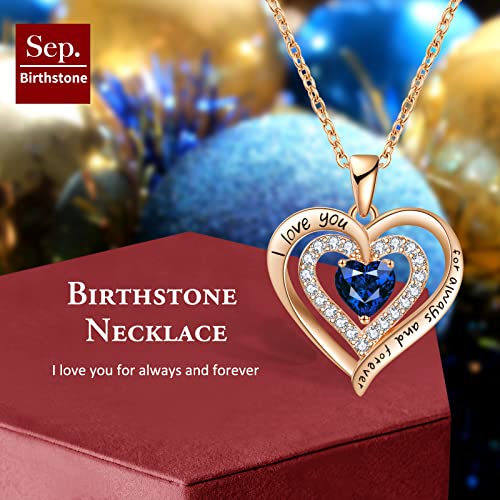 Redbee 18K Rose Gold Plated 925 Sterling Silver Birthstone Double Heart Necklace Birthday Gift For Wife Forever Love Heart Pendant Jewelry For Women Great Gift For Her (Sept-Sapphire-Rose Gold) #TOP2