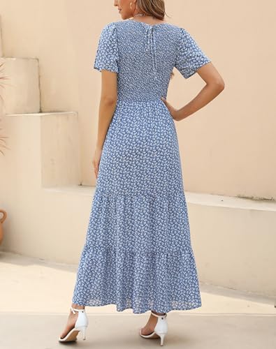 Image of Kranda Women 2025 Summer Fall Crewneck Short Sleeve Smocked Floral Maxi Dress
