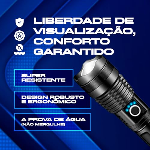 Lanterna Tática T9 Led Recarregável P50 USB Super Potente Zoom Longo Alcance para Trilhas Pesca Vigi