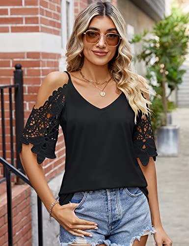 TFSDOD Womens Summer V Neck Cold Shoulder Tops T Shirts Cut Out Lace Short Sleeve Solid Color Blouses Shirt2