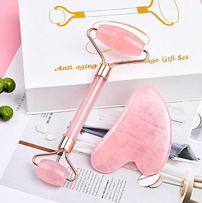 Jade Roller Gua Sha Face Redness Reducing Skin Care Tools Relieve Fine Lines Rose Quartz Powder Crystal Jade Roller Massage Spa Pink Face Massagers Natural Stone guasha Beauty Tool Facial Lift Up