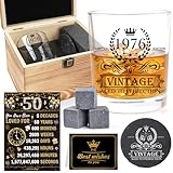 Deorfuy 50th Birthday Gifts for Men Him, 50 Year Old Gifts for Dad, Husband, Vintage 1976 Whiskey Glass Set with Wood Box, 1976 Poster Anniversary Card, Whiskey Coaster, Stones, Tweezers