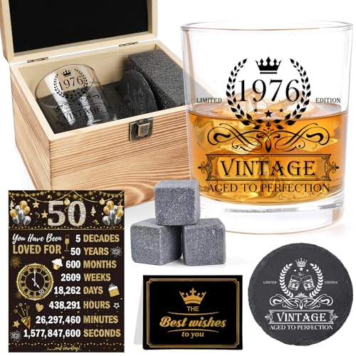 Deorfuy 50th Birthday Gifts for Men Him, 50 Year Old Gifts for Dad, Husband, Vintage 1976 Whiskey Glass Set with Wood Box, 1976 Poster Anniversary Card, Whiskey Coaster, Stones, Tweezers