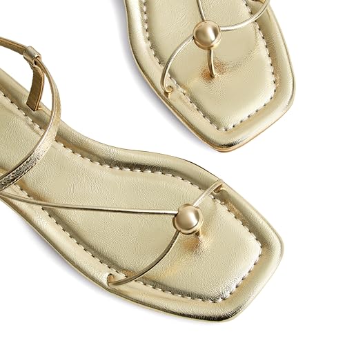 Image of Strappy Flat Sandals for Women Comfortable Open Square Toe Slingback Sandals Dressy Beach Thong Flip Flop Slides Sandals