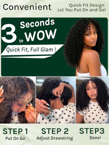 Image of KLAIYI Burmese Curly Bang Precut 7x5 Lace Wig Human Hair Finger Ends 24Inch | Bye Bye Slip Kinky Curly Glueless Lace Front Wig Drawstring Pre Plucked Bleached Knots 30S Ready to Wear and Go Beginner Wig