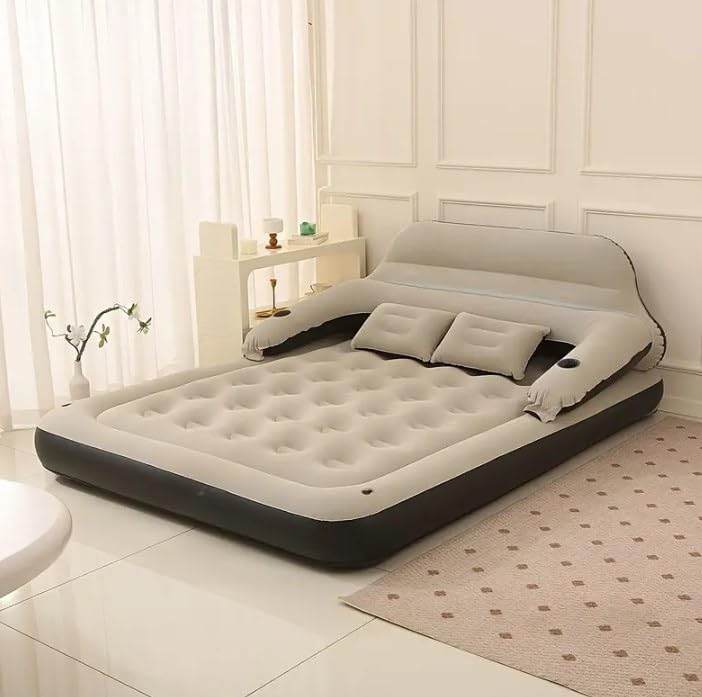 ShkitAelling Inflatable Sofa Bed with Headboard and Pillows Portable Double Mattress Reclining Backrest Includes Foot Pump for Indoor Outdoor Use