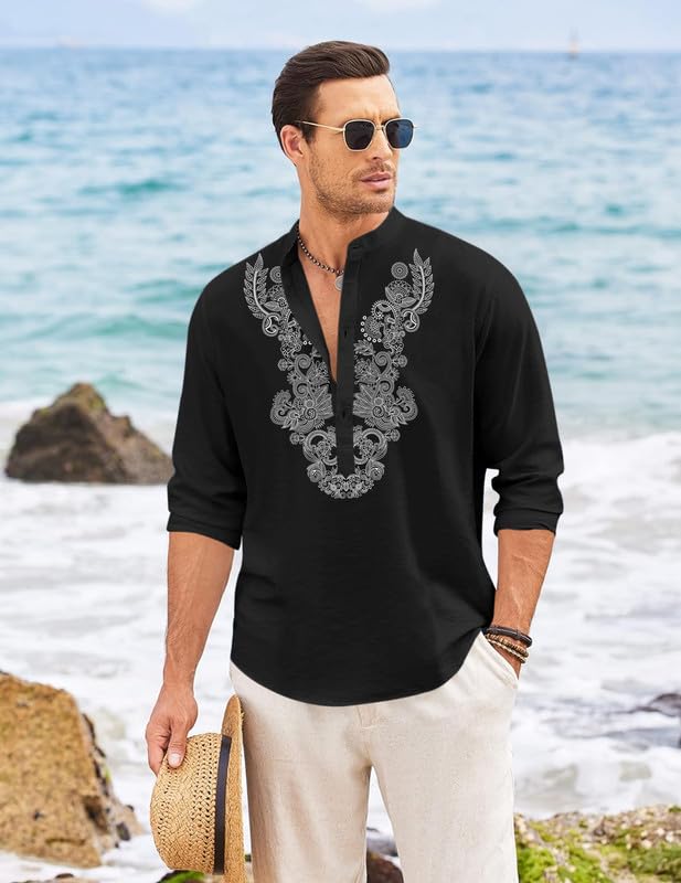 Image of FINIVO FASHION Men's Cotton Blend Short Kurta with Full Sleeves and Ethnic Neck Design | Casual Crinkle Texture Kurta with Mandarin Collar