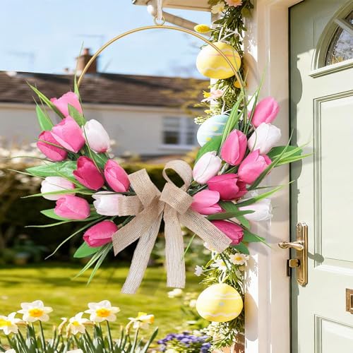 Corona para puerta de estilo bohemio con flores artificiales decorativas de interior 4